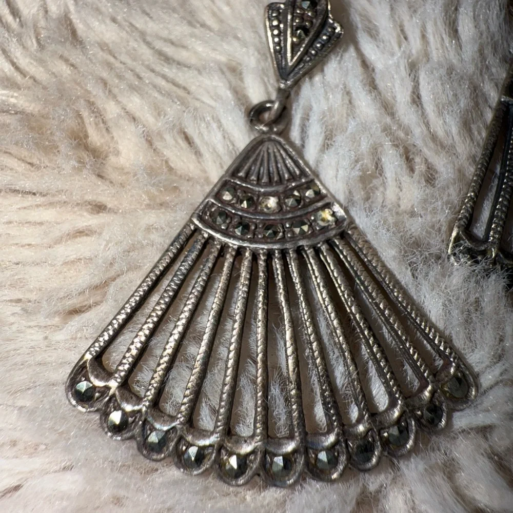 Sterling‎ Silver Marcasite Fan Earrings 925 Dangle Pierced Ears